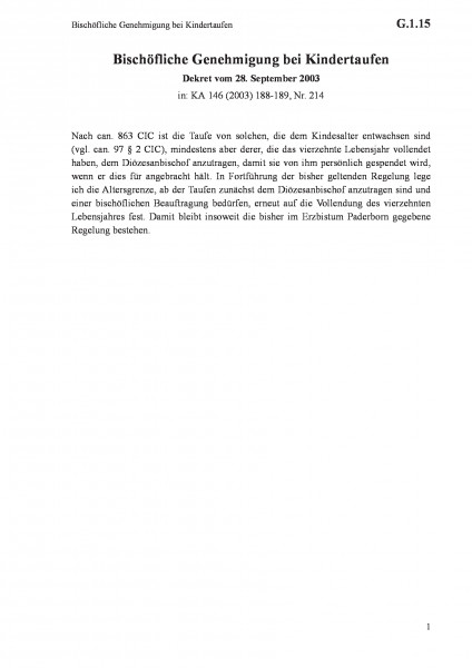 G.1.15 Bischöfliche Genehmigung bei Kindertaufen
