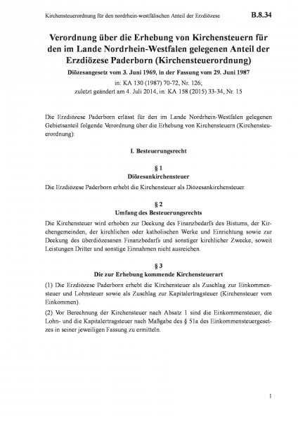 B.8.34 Kirchensteuerordnung für den nordrhein-westfälischen Anteil der Erzdiözese