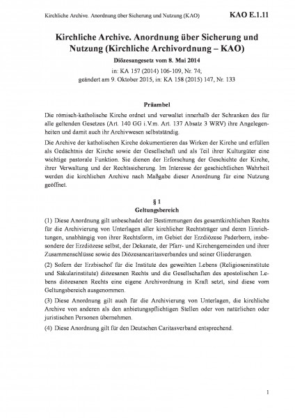 E.1.11 Kirchliche Archive. Anordnung über Sicherung und Nutzung (KAO)