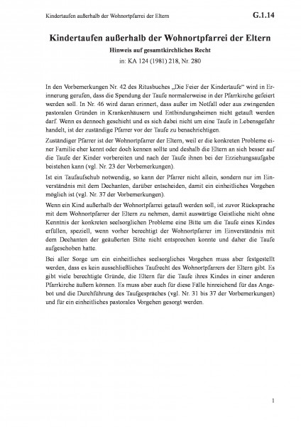 G.1.14 Kindertaufen außerhalb der Wohnortpfarrei der Eltern