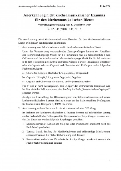 H.6.87a Anerkennung nicht kirchenmusikalischer Examina