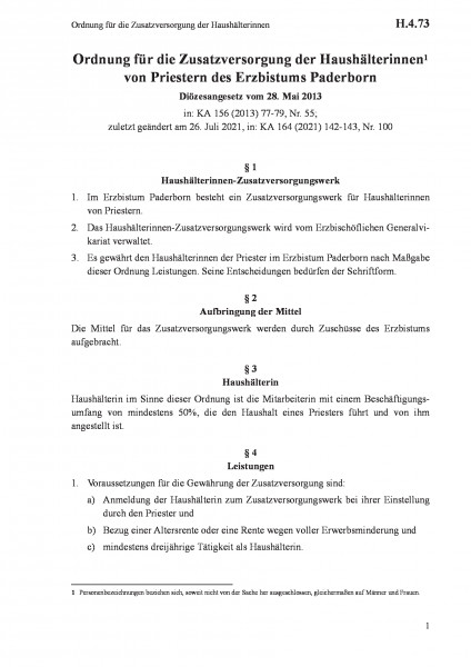 H.4.73 Ordnung für die Zusatzversorgung der Haushälterinnen