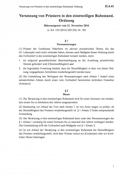 H.4.41 Versetzung von Priestern in den einstweiligen Ruhestand. Ordnung
