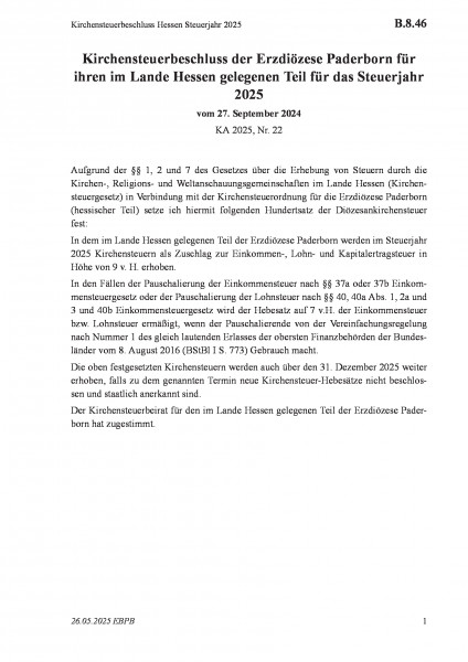 B.8.46 Kirchensteuerbeschluss Hessen Steuerjahr 2025