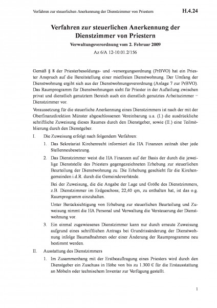 H.4.24 Verfahren zur steuerlichen Anerkennung der Dienstzimmer von Priestern