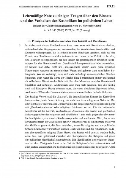 F.9.11 Glaubenskongregation: Einsatz und Verhalten der Katholiken im politischen Leben