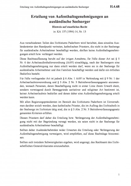 H.4.68 Erteilung von Aufenthaltsgenehmigungen an ausländische Seelsorger
