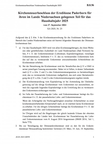 B.8.56 Kirchensteuerbeschluss Niedersachsen Haushaltsjahr 2025
