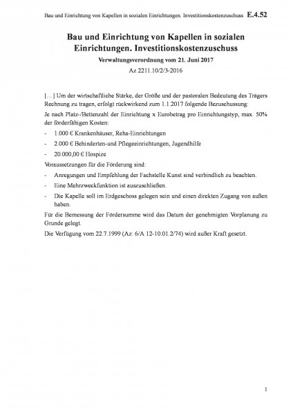 E.4.52 Bau und Einrichtung von Kapellen in sozialen Einrichtungen. Investitionskostenzuschuss