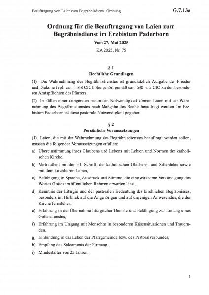 G.7.13a Beauftragung von Laien zum Begräbnisdienst. Ordnung