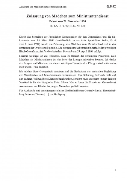 G.8.42 Zulassung von Mädchen zum Ministrantendienst