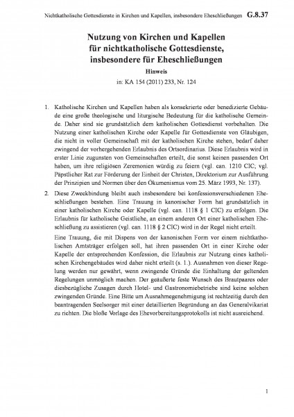 G.8.37 Nichtkatholische Gottesdienste in Kirchen und Kapellen, insbesondere Eheschließungen