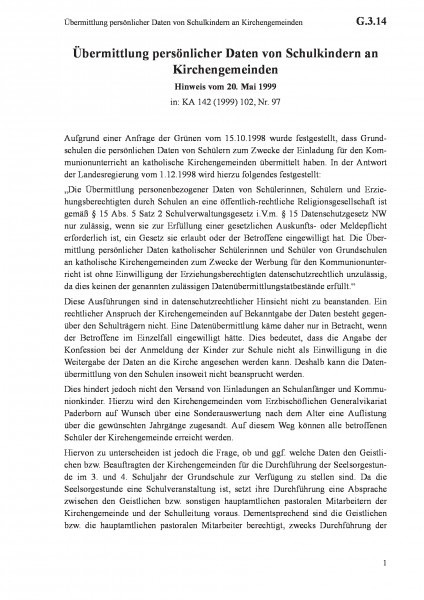 G.3.14 Übermittlung persönlicher Daten von Schulkindern an Kirchengemeinden