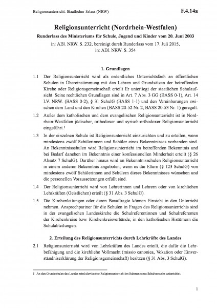 F.4.14a Religionsunterricht. Staatlicher Erlass (NRW)