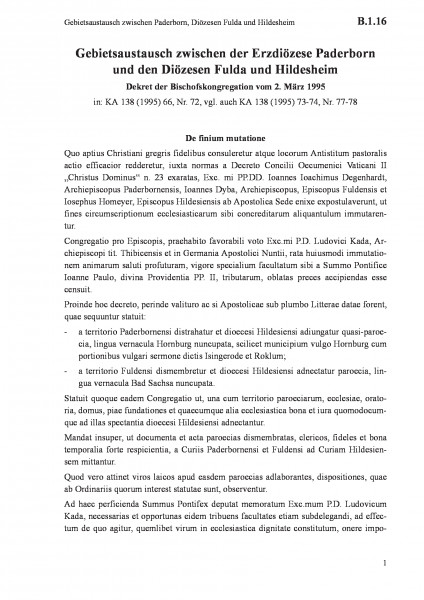 B.1.16 Gebietsaustausch zwischen Paderborn, Diözesen Fulda und Hildesheim