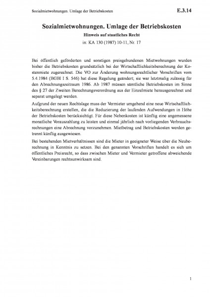 E.3.14 Sozialmietwohnungen. Umlage der Betriebskosten