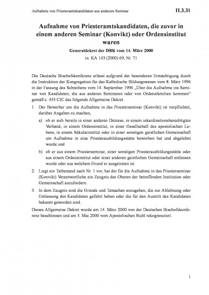 H.3.31 Aufnahme von Priesteramtskandidaten aus anderem Seminar