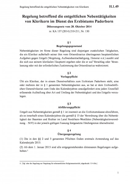 H.1.49 Regelung betreffend die entgeltlichen Nebentätigkeiten von Klerikern