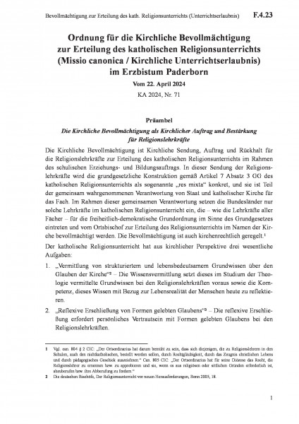 F.4.23 Bevollmächtigung zur Erteilung des kath. Religionsunterrichts (Unterrichtserlaubnis)