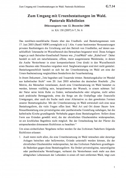 G.7.14 Zum Umgang mit Urnenbestattungen im Wald. Pastorale Richtlinien