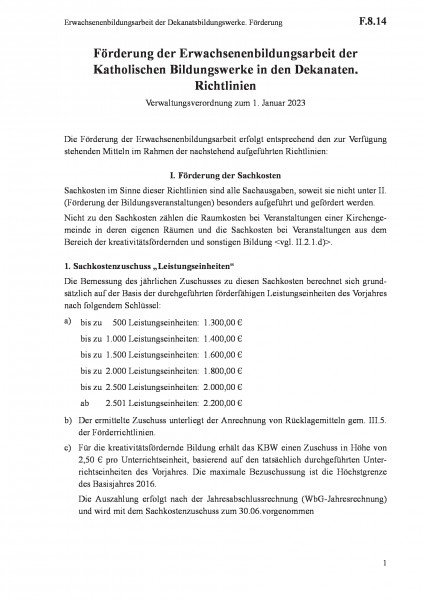 F.8.14 Erwachsenenbildungsarbeit der Dekanatsbildungswerke. Förderung