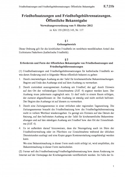 E.7.21b Friedhofssatzungen und Friedhofsgebührensatzungen. Öffentliche Bekanntgabe