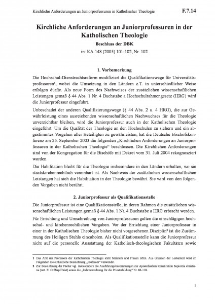 F.7.14 Kirchliche Anforderungen an Juniorprofessuren in Katholischer Theologie