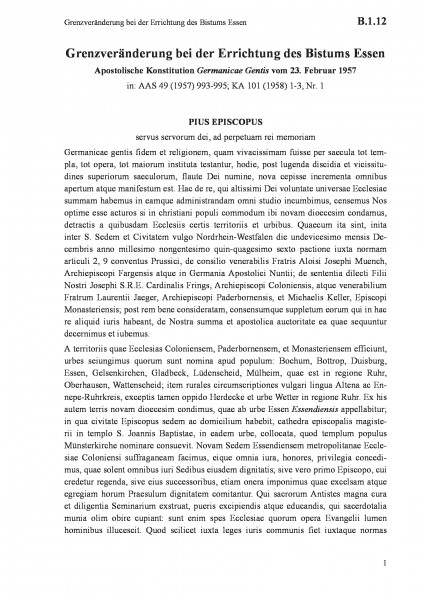 B.1.12 Grenzveränderung bei der Errichtung des Bistums Essen