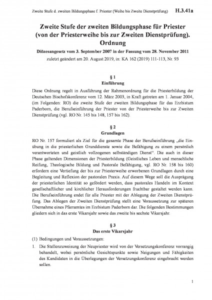 H.3.41a Zweite Stufe d. zweiten Bildungsphase f. Priester (Weihe bis Zweite Dienstprüfung)