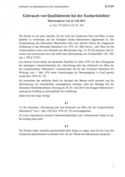G.3.41 Gebrauch von Qualitätswein bei der Eucharistiefeier