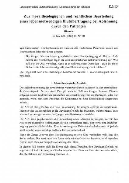 E.6.13 Lebensnotwendige Blutübertragung bei Ablehnung durch den Patienten