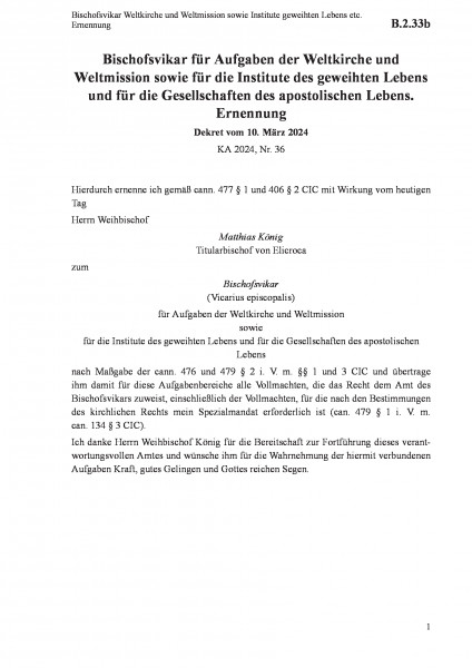 B.2.33b Bischofsvikar Weltkirche und Weltmission sowie Institute geweihten Lebens etc. Ernennung