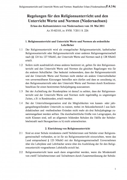 F.4.14c Religionsunterricht und Unterricht Werte und Normen. Staatlicher Erlass (Niedersachsen)