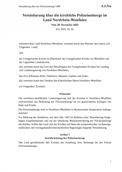 A.2.51a Vereinbarung über die Polizeiseelsorge NRW