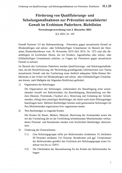 H.1.25 Förderung von Qualifizierungs- und Schulungsmaßnahmen zur Prävention. Richtlinien