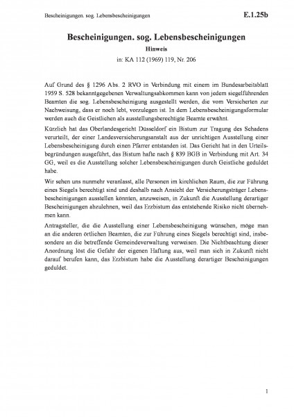 E.1.25b Bescheinigungen. sog. Lebensbescheinigungen