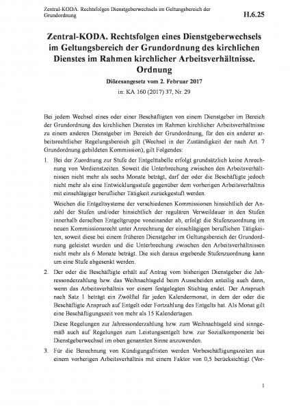 H.6.25 Zentral-KODA. Rechtsfolgen Dienstgeberwechsels im Geltungsbereich der Grundordnung