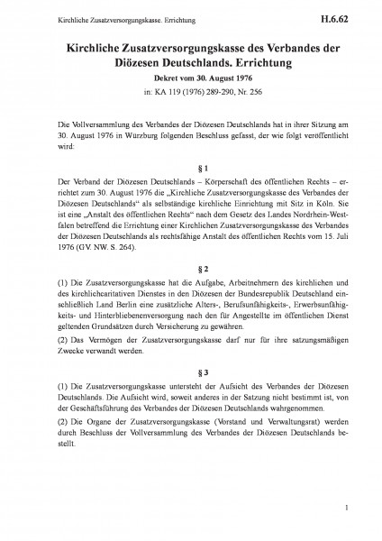 H.6.62 Kirchliche Zusatzversorgungskasse. Errichtung