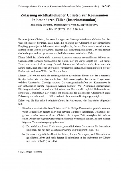 G.8.35 Zulassung nichtkath. Christen zur Kommunion in besonderen Fällen (Interkommunion)