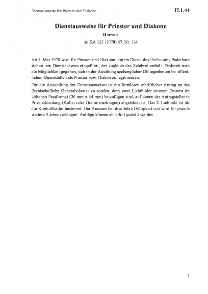 H.1.44 Dienstausweise für Priester und Diakone