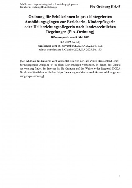 H.6.45 Schülerinnen in praxisintegrierten Ausbildungsgängen zur Erzieherin. Ordnung (PiA-Ordnung)