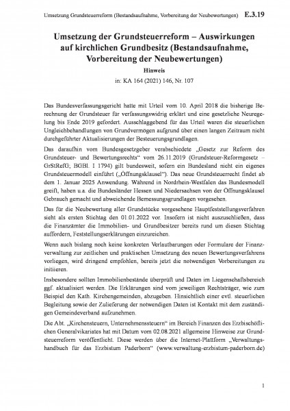 E.3.19 Umsetzung Grundsteuerreform (Bestandsaufnahme, Vorbereitung der Neubewertungen)