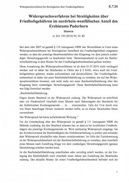 E.7.24 Widerspruchsverfahren bei Streitigkeiten über Friedhofsgebühren