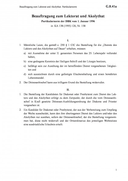 G.8.41a Beauftragung zum Lektorat und Akolythat. Partikularnorm