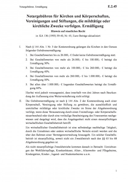 E.2.45 Notargebühren. Ermäßigung