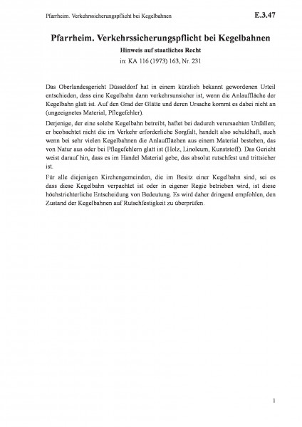 E.3.47 Pfarrheim. Verkehrssicherungspflicht bei Kegelbahnen