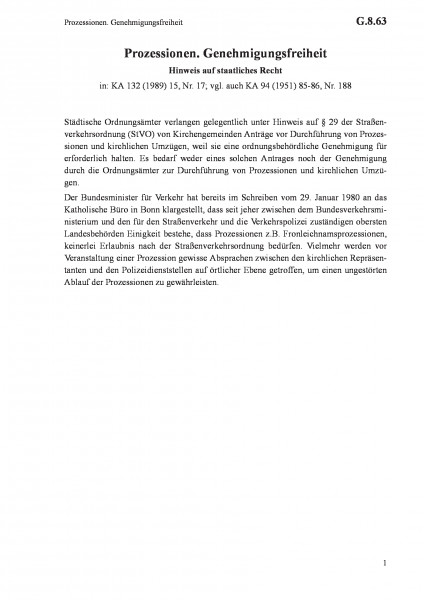 G.8.63 Prozessionen. Genehmigungsfreiheit