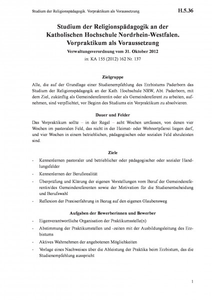 H.5.36 Studium der Religionspädagogik. Vorpraktikum als Voraussetzung