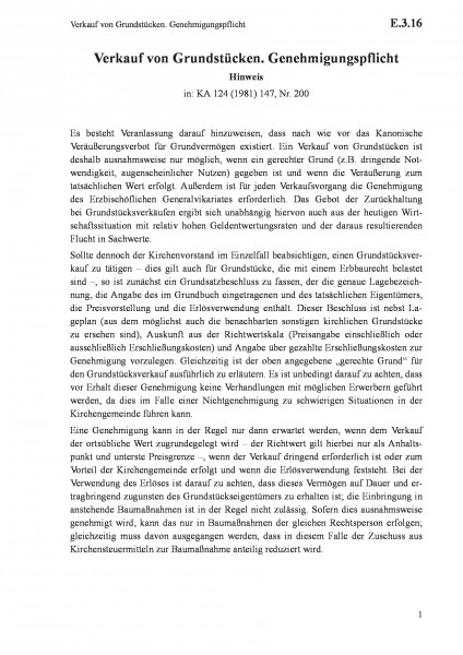 E.3.16 Verkauf von Grundstücken. Genehmigungspflicht