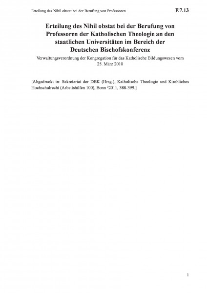 F.7.13 Erteilung des Nihil obstat bei der Berufung von Professoren